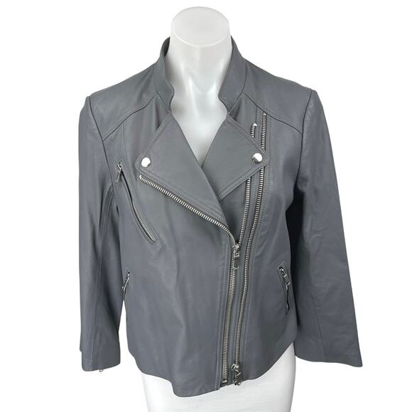 Joie Casella Women's Gray Lamb Leather Asymmetric Zip Moto Biker Coat Jacket L - Picture 1 of 5